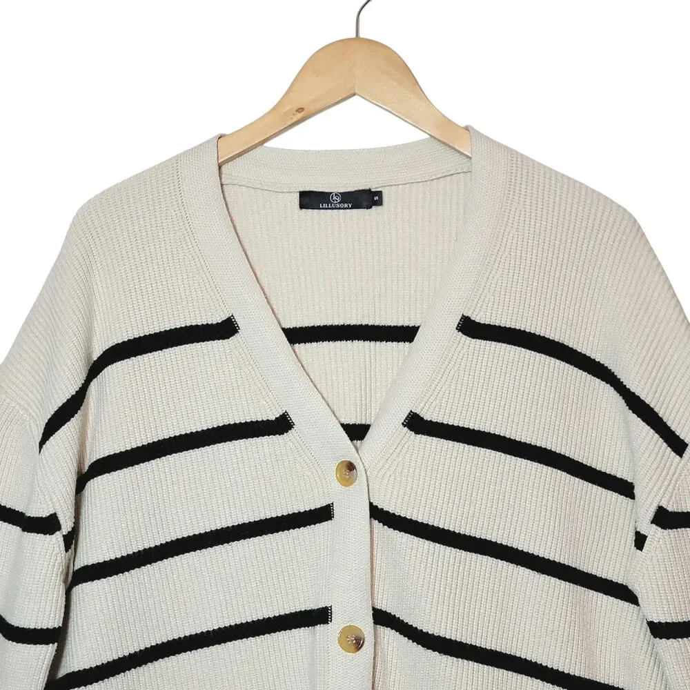Lillusory Black & Cream Stripe Cardigan Sweater Button Down Relaxed Loose Fit S - Picture 2 of 14